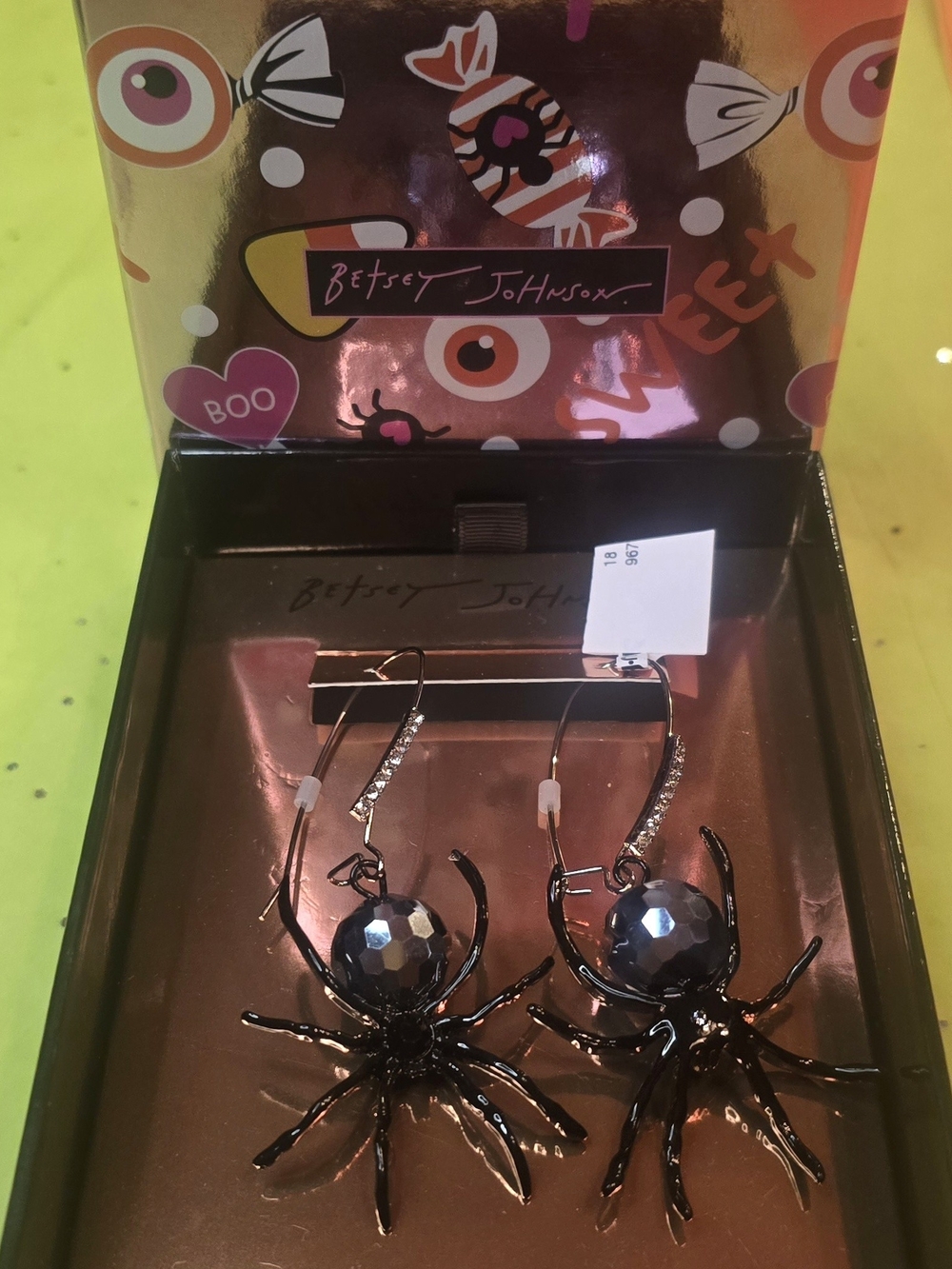Betsey Johnson Black Crystal Rhinestone Spider Drop Earrings New In Box